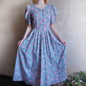 LAURA ASHLEY 80s fairy vintage purple /pink /mint light cotton floral dress with puff sleeves. Cottagecore tea dress. UK 10