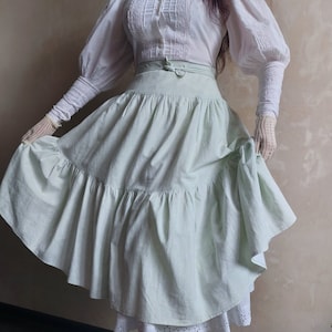 LAURA  ASHLEY vintage 70s Wales pretty pastel mint tiered floral cotton skirt with bow belt. UK 12