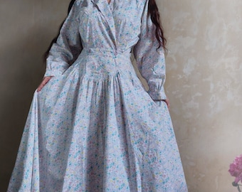 Magnífico vestido largo vintage de algodón con estampado floral, cruzado y con falda vaporosa, estilo años 70-80. Talla 14 del Reino Unido.