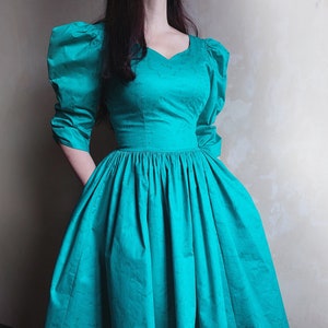 LAURA ASHLEY 80s vintage shining formal ball gown glitter cotton maxi backless turquoise corset puff sleeves dress. Victorian style. UK 12