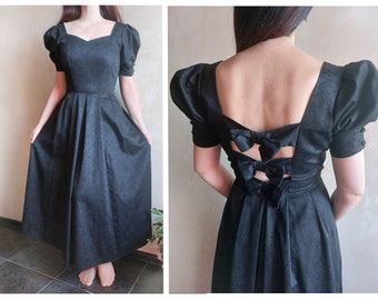 LAURA  ASHLEY 80s vintage formal ball gown black cotton jacquard backless bow gothic dress with puff sleeves. Victorian style. UK 14