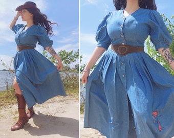 Austrian Vintage maxi denim robe dress with puff sleeves and folk duck embroidery. Bavarian jeans UK 14