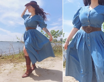 Austrian Vintage maxi denim robe dress with puff sleeves and folk duck embroidery. Bavarian jeans UK 14