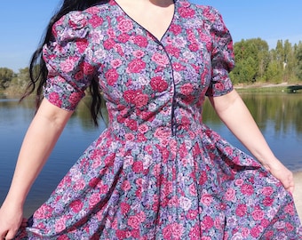 LAURA ASHLEY Vintage 80-tals slät bomullsklänning med puffärmar / Cottagecore / UK 14
