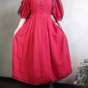 Austrian Bavarian dirndl folk red linen embroidered maxi dress with puff sleeves and white lace collar. Sportalm German 40 zdjęcie 4