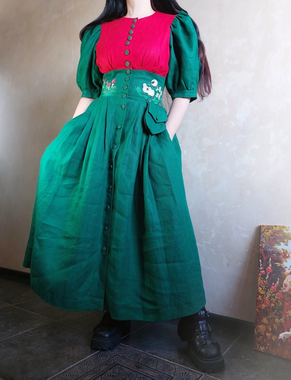 Austrian Bavarian dirndl fairy green + red linen … - image 4