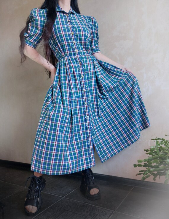 Austrian vintage dirndl folk cozy plaid blue and … - image 6