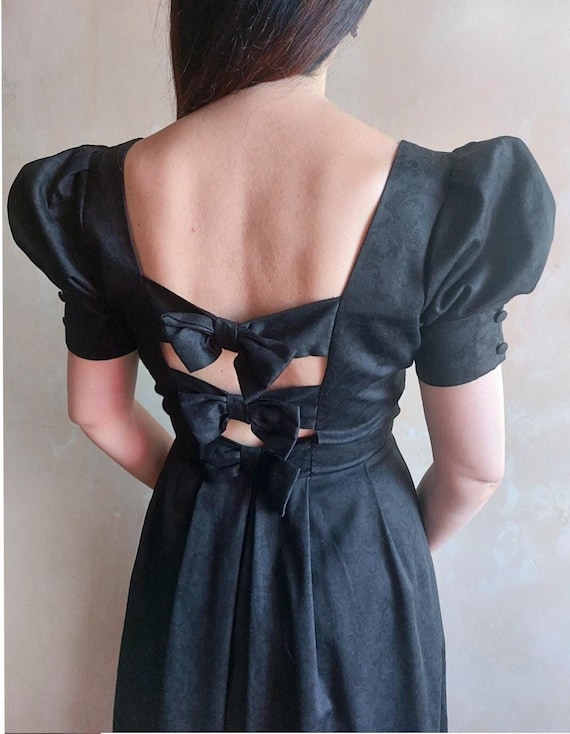 Laura Ashley Vintage Black Jacquard Gown: 80s Backless Bow Dress, UK 14 -  Etsy