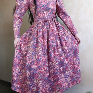 LAURA ASHLEY Vintage 80s formal cotton wool floral green and pink dress with puff sleeves and belt. Victorian style. UK 10 zdjęcie 8