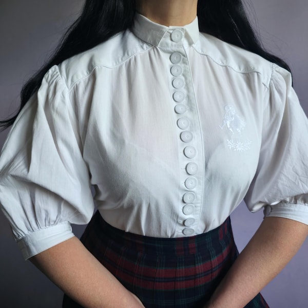 Vintage Austrian Cotton Embroidered Blouse with Puff Sleeve