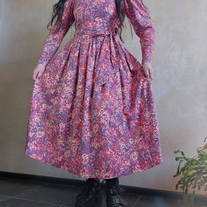 LAURA ASHLEY Vintage 80s formal cotton wool floral green and pink dress with puff sleeves and belt. Victorian style. UK 10 zdjęcie 4