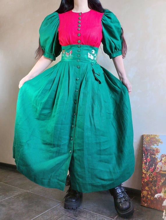 Austrian Bavarian dirndl fairy green + red linen … - image 2
