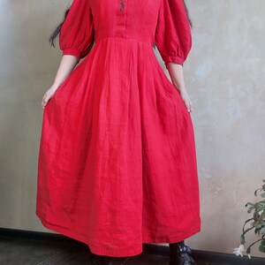Austrian Bavarian dirndl folk red linen embroidered maxi dress with puff sleeves and white lace collar. Sportalm German 40 zdjęcie 7