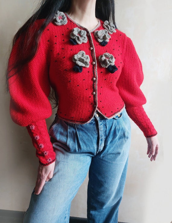 Handmade Austrian Dirndl vintage style red knitte… - image 6