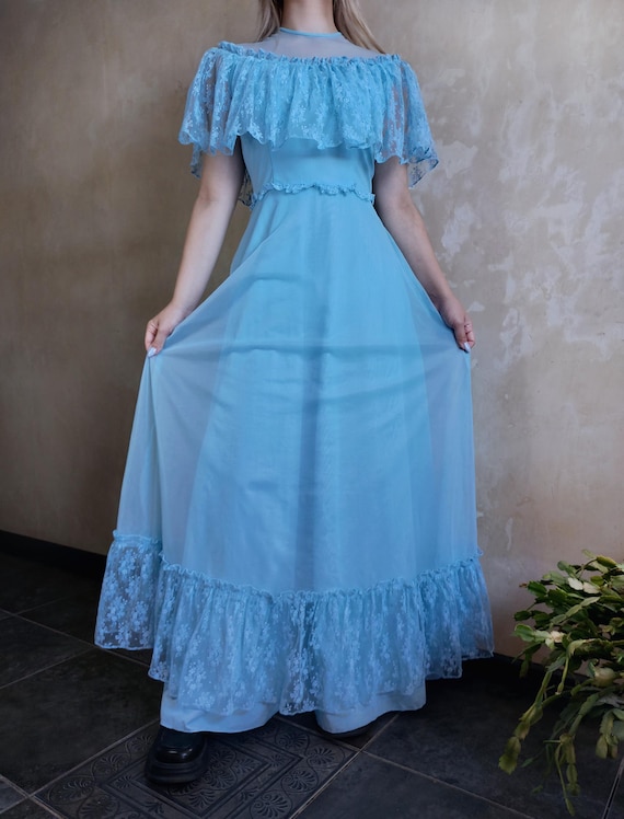 Vintage Sky Blue Nylon Maxi Dress: Lace Ruffle Fairy Gown (UK 12) Vintage Sky Blue Nylon Maxi Dress: Lace Ruffle Fairy Gown (UK 12)