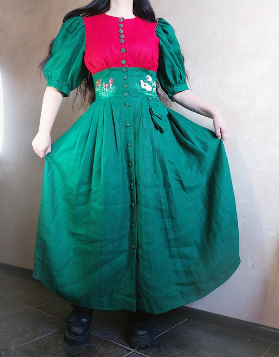 Austrian Bavarian dirndl fairy green + red linen … - image 6