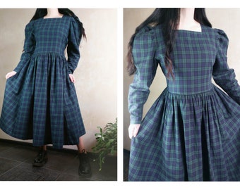 LAURA ASHLEY Vintage 80s preppy cotton green plaid dress with puff sleeves  UK 16