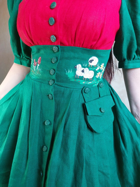 Austrian Bavarian dirndl fairy green + red linen … - image 3