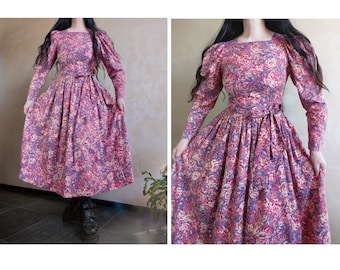 LAURA ASHLEY Vintage jaren '80 formele katoen + wol bloemengroene en roze jurk met pofmouwen en riem. Victoriaanse stijl. VK 10