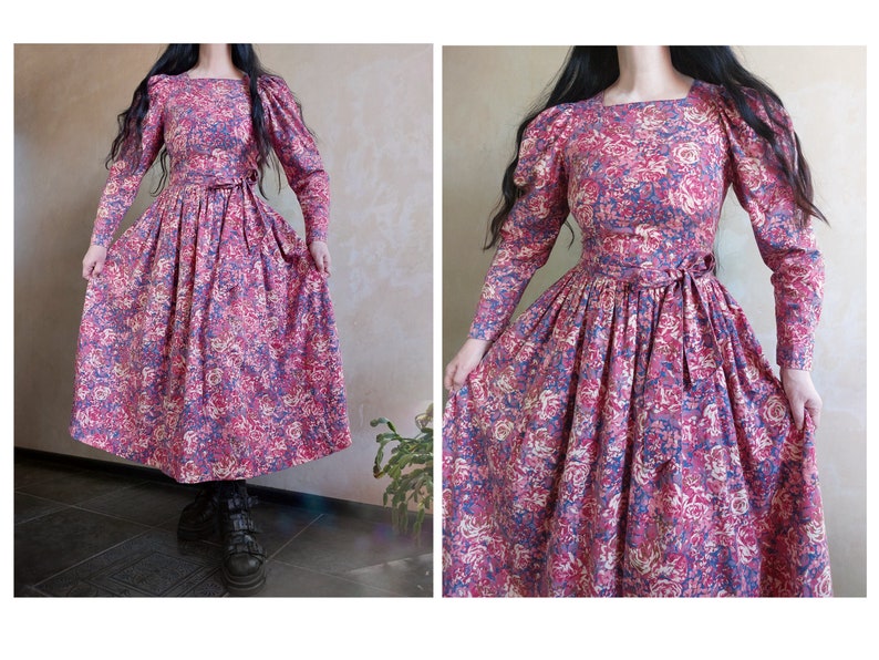 LAURA ASHLEY Vintage 80s formal cotton wool floral green and pink dress with puff sleeves and belt. Victorian style. UK 10 zdjęcie 1