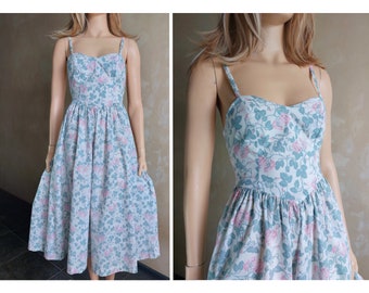 LAURA ASHLEY Vintage 80s gentle white+pink+ mint prairie cotton floral fluffy sundress. Cottagecore sleeveless dress. UK 10