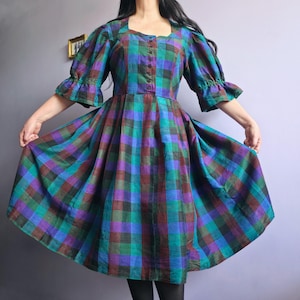 Vintage silk colorful plaid dress with puff sleeves / UK 14