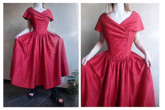 LAURA ASHLEY Vintage 80s silk elegant red dress w… - image 1