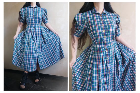 Austrian vintage dirndl folk cozy plaid blue and … - image 1