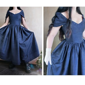 LAURA ASHLEY Vintage 80s silk corset formal dark blue maxi dress with embroidery. Victorian ball gown UK 14