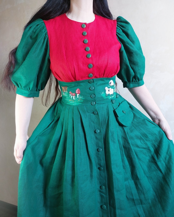 Austrian Bavarian dirndl fairy green + red linen … - image 7