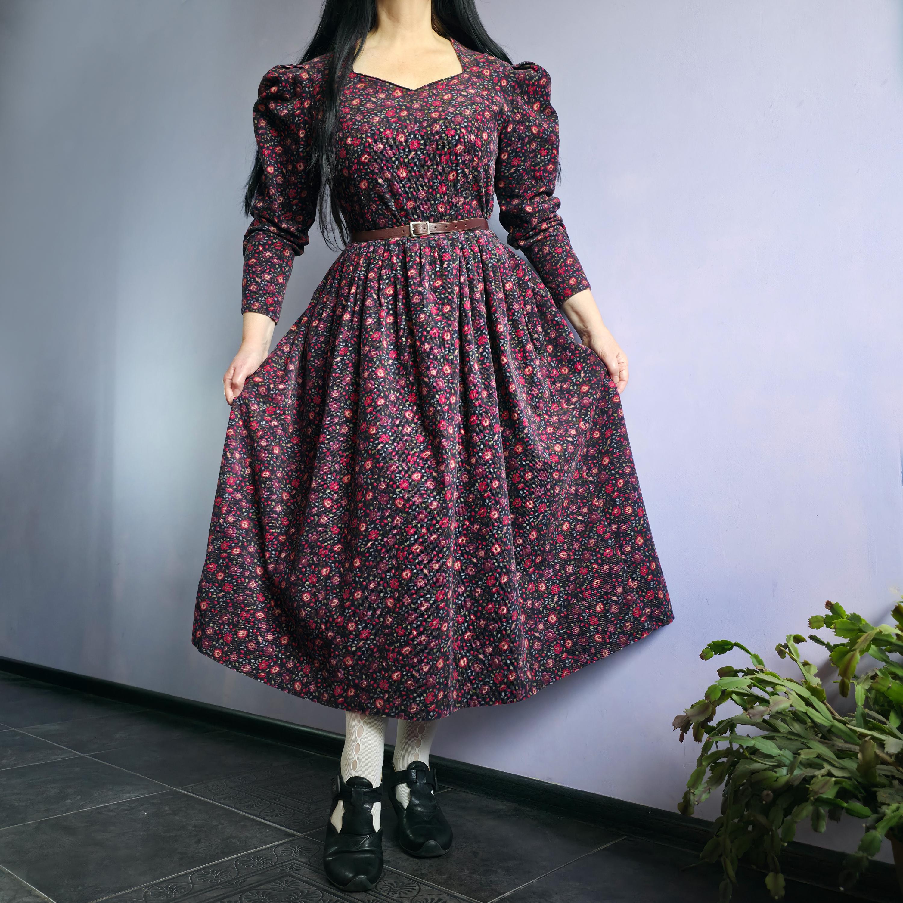 LAURA ASHLEY Vintage 80s Corduroy Floral Dress With Puffed Sleeves