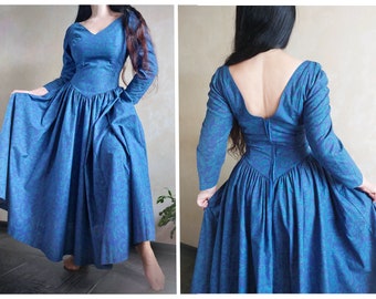 LAURA ASHLEY Vintage 80s formal blue cotton maxi ball gown. Victorian style prom dress. Paisley pattern. UK 16