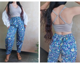 LAURA ASHLEY Vintage 80s  cotton floral summer blue pants with elastic waist + TOP . Large size