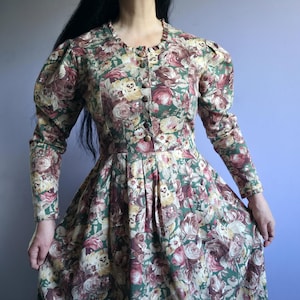 LAURA ASHLEY Abito vintage anni '80 in lana e cotone con fiori, maniche a sbuffo e volant / UK 14