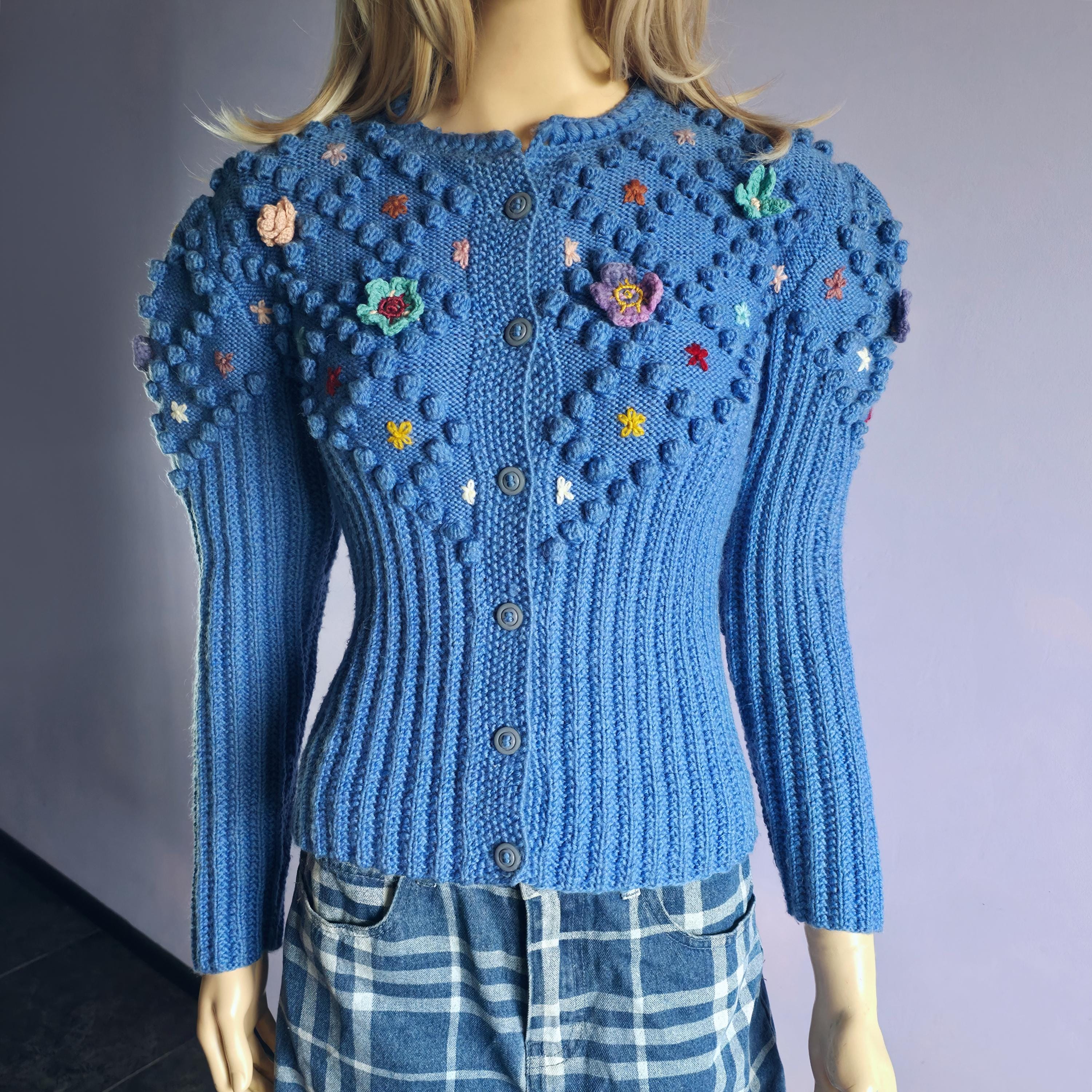 ヴィンテージウール手編み刺繍ポップコーンカーディガン / ミディアム