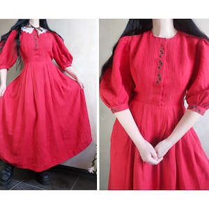 Austrian Bavarian dirndl folk red linen embroidered maxi dress with puff sleeves and white lace collar. Sportalm German 40 zdjęcie 1