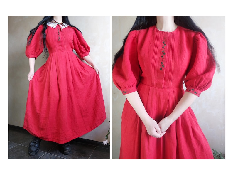 Austrian Bavarian dirndl folk red linen embroidered maxi dress with puff sleeves and white lace collar. Sportalm German 40 zdjęcie 1