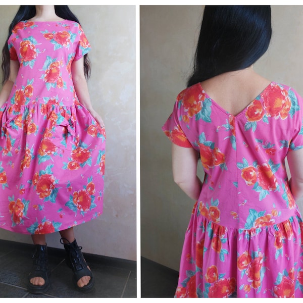 LAURA ASHLEY Vintage 80s cute floral pink light summer dress with fluffy skirt and bow pockets. Cottagecore  UK 16