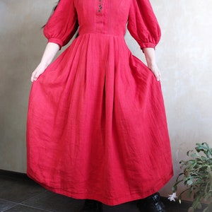 Austrian Bavarian dirndl folk red linen embroidered maxi dress with puff sleeves and white lace collar. Sportalm German 40 zdjęcie 2