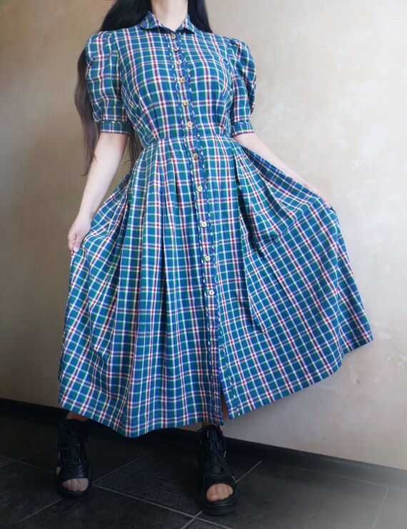 Austrian vintage dirndl folk cozy plaid blue and … - image 4