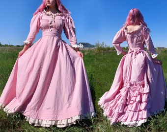 Unique fairy wedding bubblegum pink dress with train, lace ruffles and puffy bow sleeve. Vintage style. Cottagecore wedding