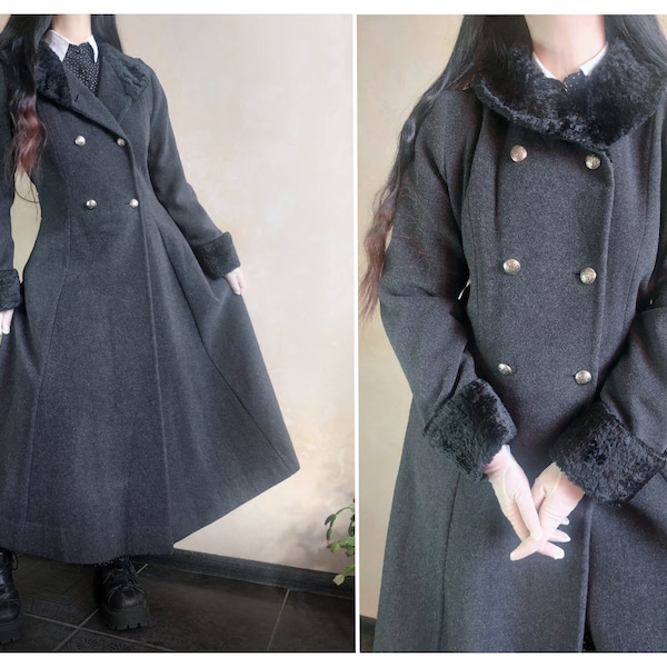 Vintage elegant wool + cashmere dark gray maxi coat with fur collar. Fitted double breasted Overcoat UK 14