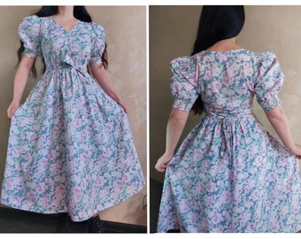 LAURA ASHLEY Vintage 80s  lovely floral blue + pink midi dress with puff sleeves and bow belt. Cottagecore tea dress. UK 14
