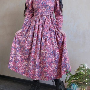 LAURA ASHLEY Vintage 80s formal cotton wool floral green and pink dress with puff sleeves and belt. Victorian style. UK 10 zdjęcie 2