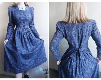 LAURA ASHLEY Vintage 80s formal paisley print cotton + wool dark blue + purple dress with puff sleeves and bow belt. UK 10