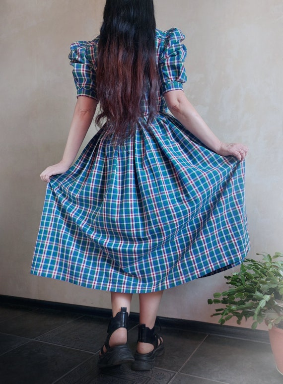 Austrian vintage dirndl folk cozy plaid blue and … - image 3