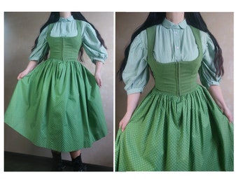 Vintage Austrian Bavarian dirndl folk green linen + cotton set: floral sundress + puff sleeves striped long shirt + apron  G 40