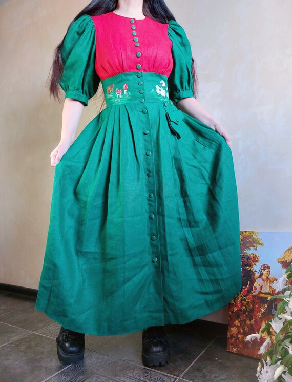 Austrian Bavarian dirndl fairy green + red linen … - image 9