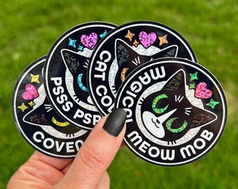 4 Cat Clubs Sticker Set, Four 2.5" Holo Glitter Decals, Coven of Curiosity, Cat Collectors Club, Magical Meow Mob, Psss Pspsps Posse