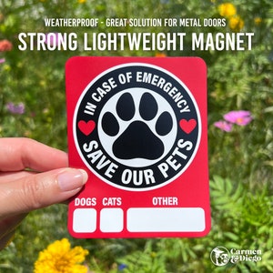Save Our Pets Magnet - In Case of Emergency, Safety Alert, Fire/Disaster Rescue, House/Home Danger, Front or Back Metal Door/Frame/Surface